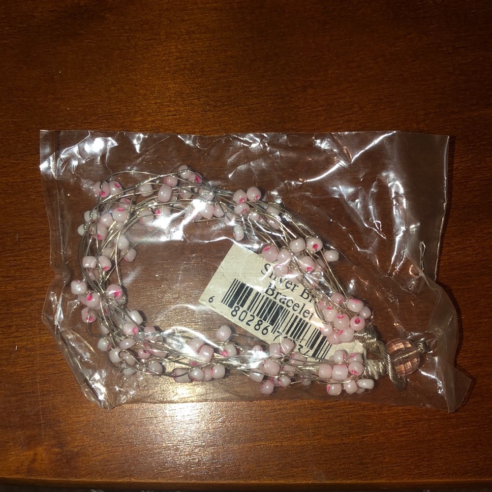 $1 Add On - White/Pink bead silver braid bracelet